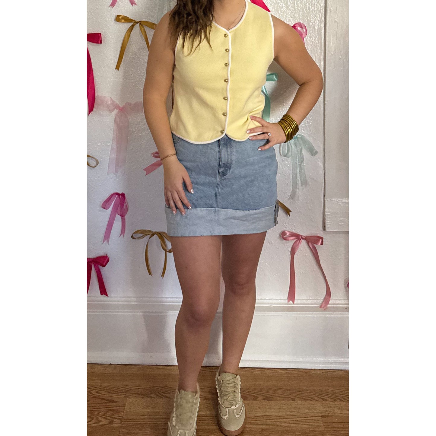 Caroline Button Vest, Butter Yellow/White