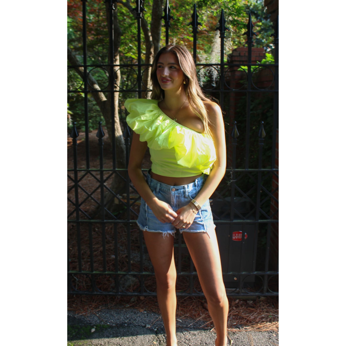 Penny Ruffle Crop Top, Neon Yellow