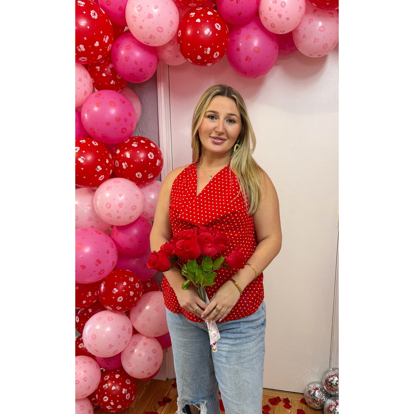 Polka Dot Detail Top, Cherry Red/White