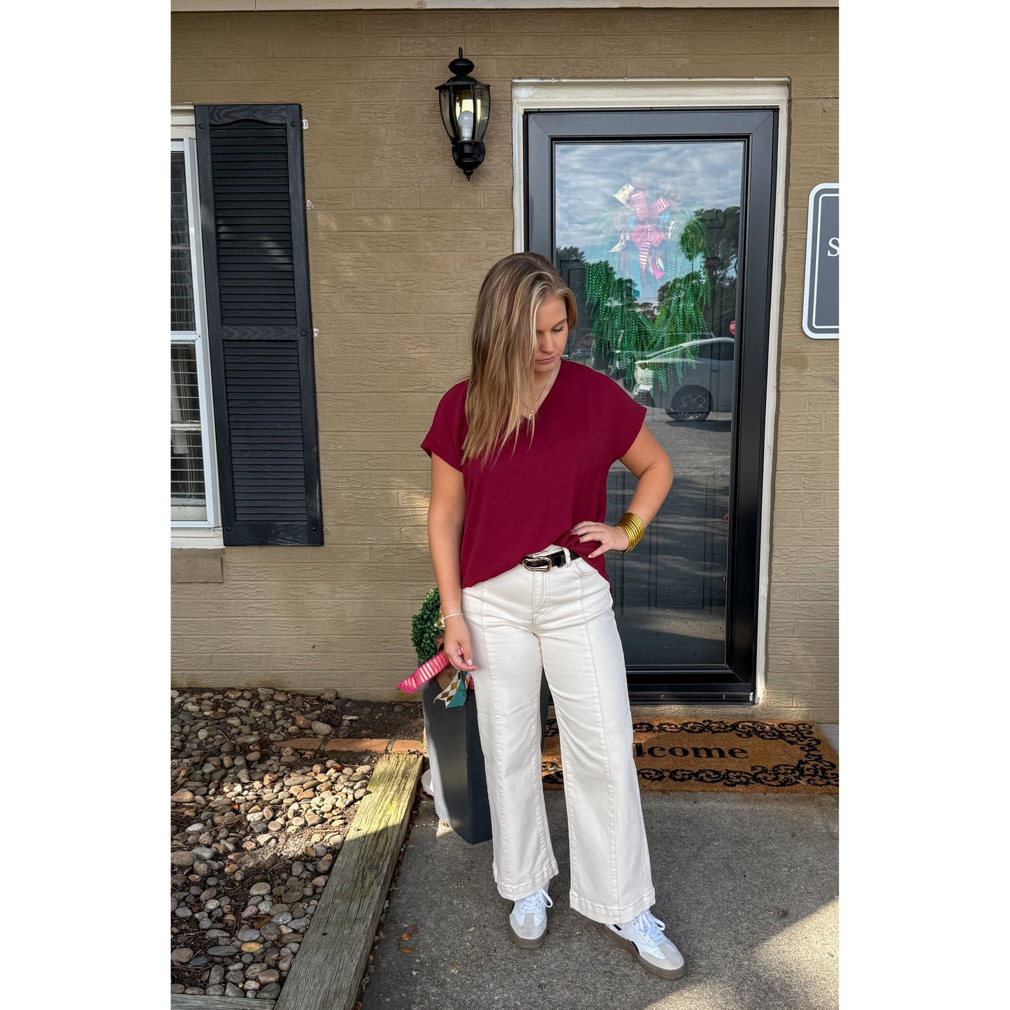 Stevie V-Neck Top, Burgundy