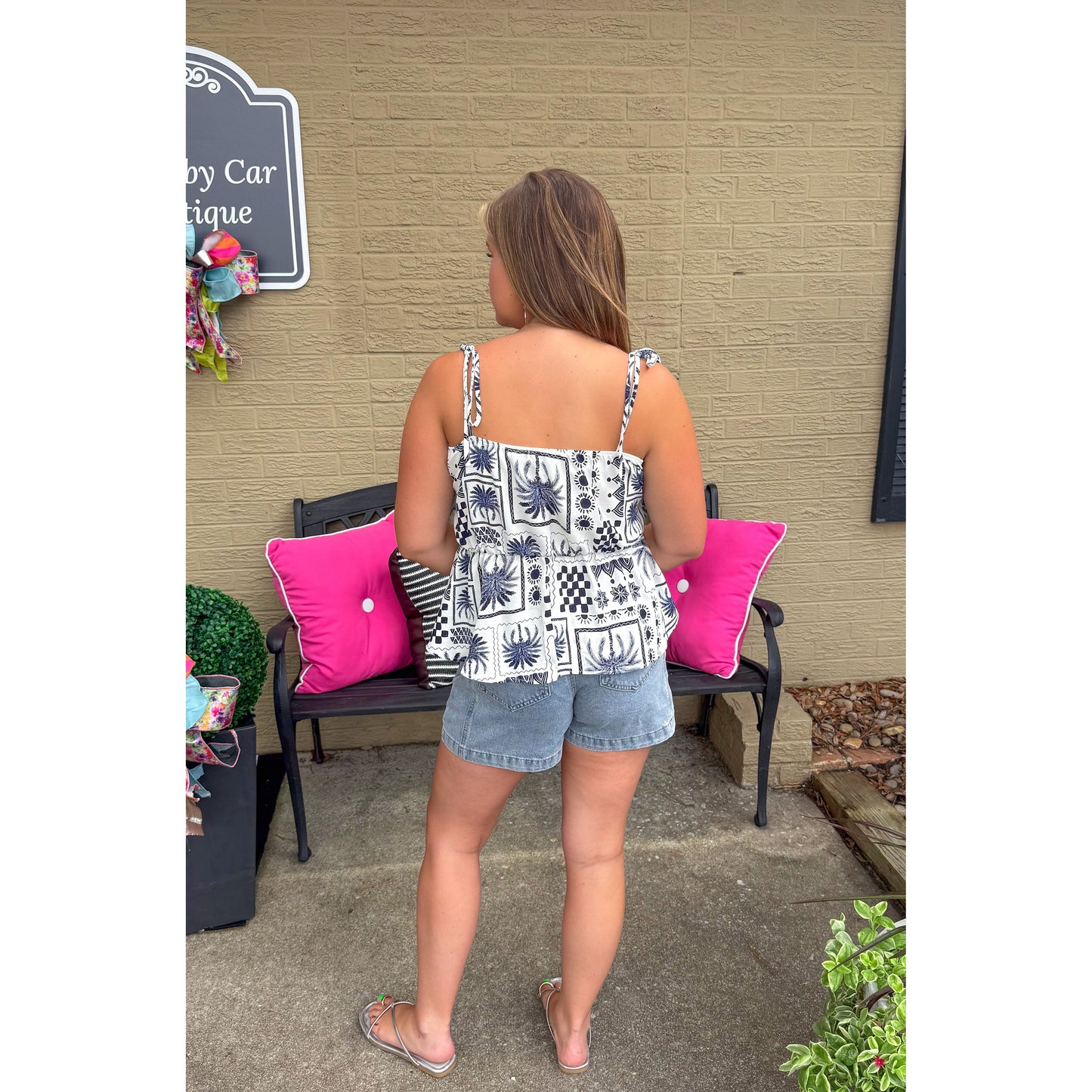 Abstract Print Top, Ivory/Navy