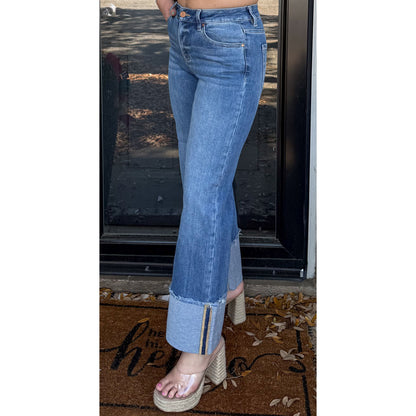 Lilly Cuffed Mid Rise Jeans, Medium Wash