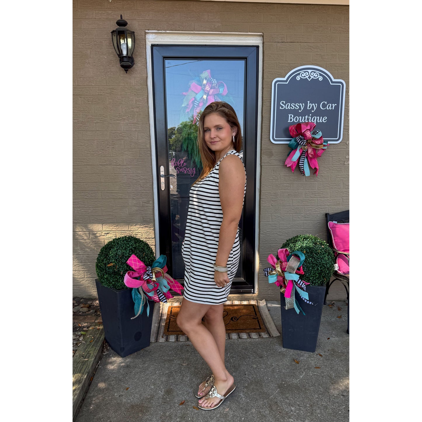 Eloise Stripe Mini Dress, Black/Ivory