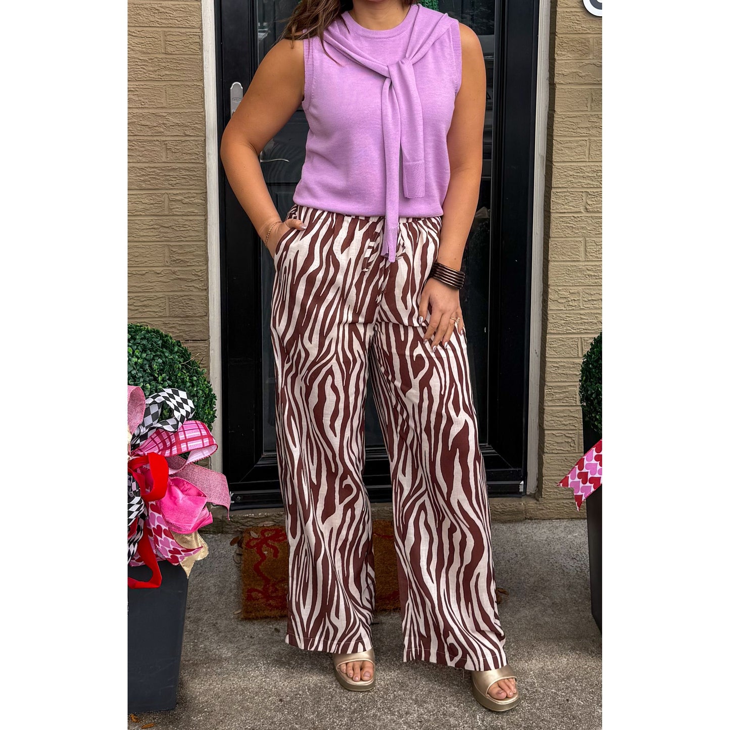 Zebra Print Pants, Brown/Cream