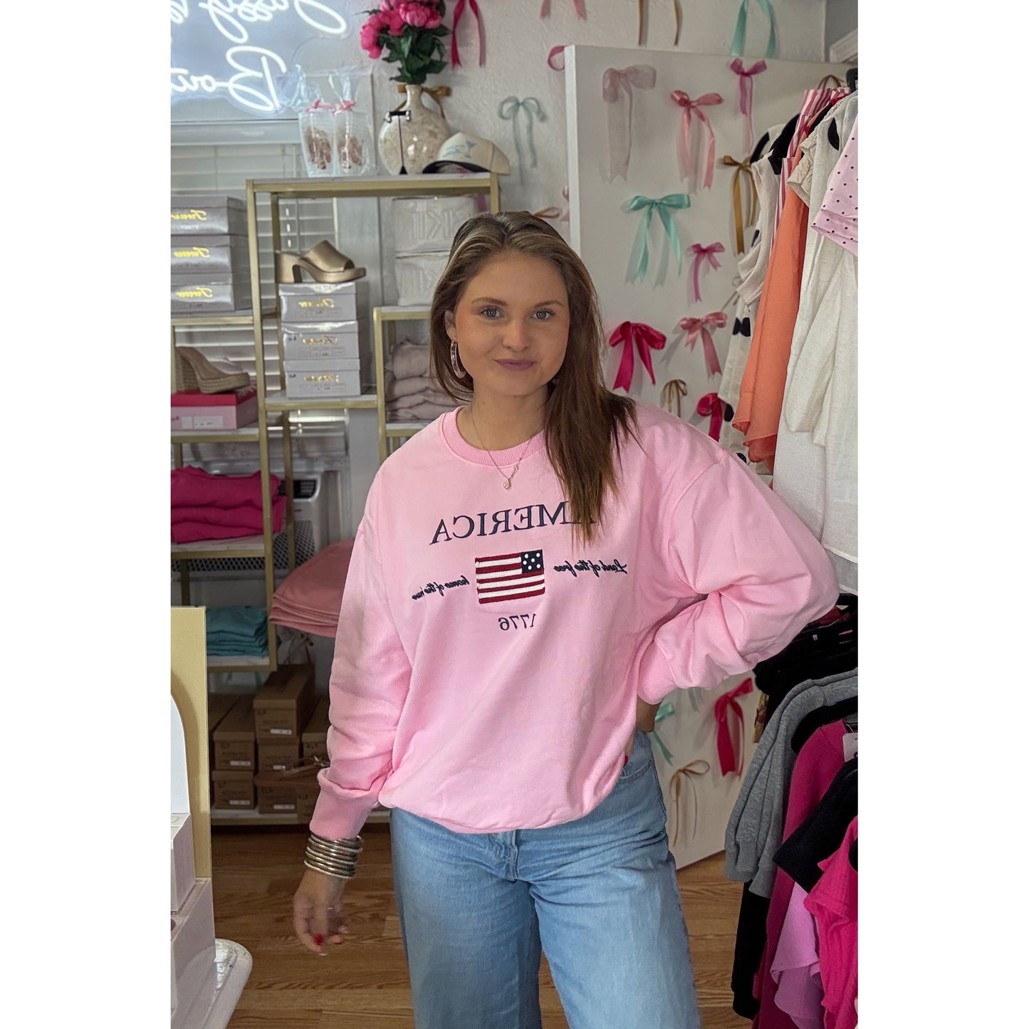 Land of the Free Sweatshirt, Baby Pink
