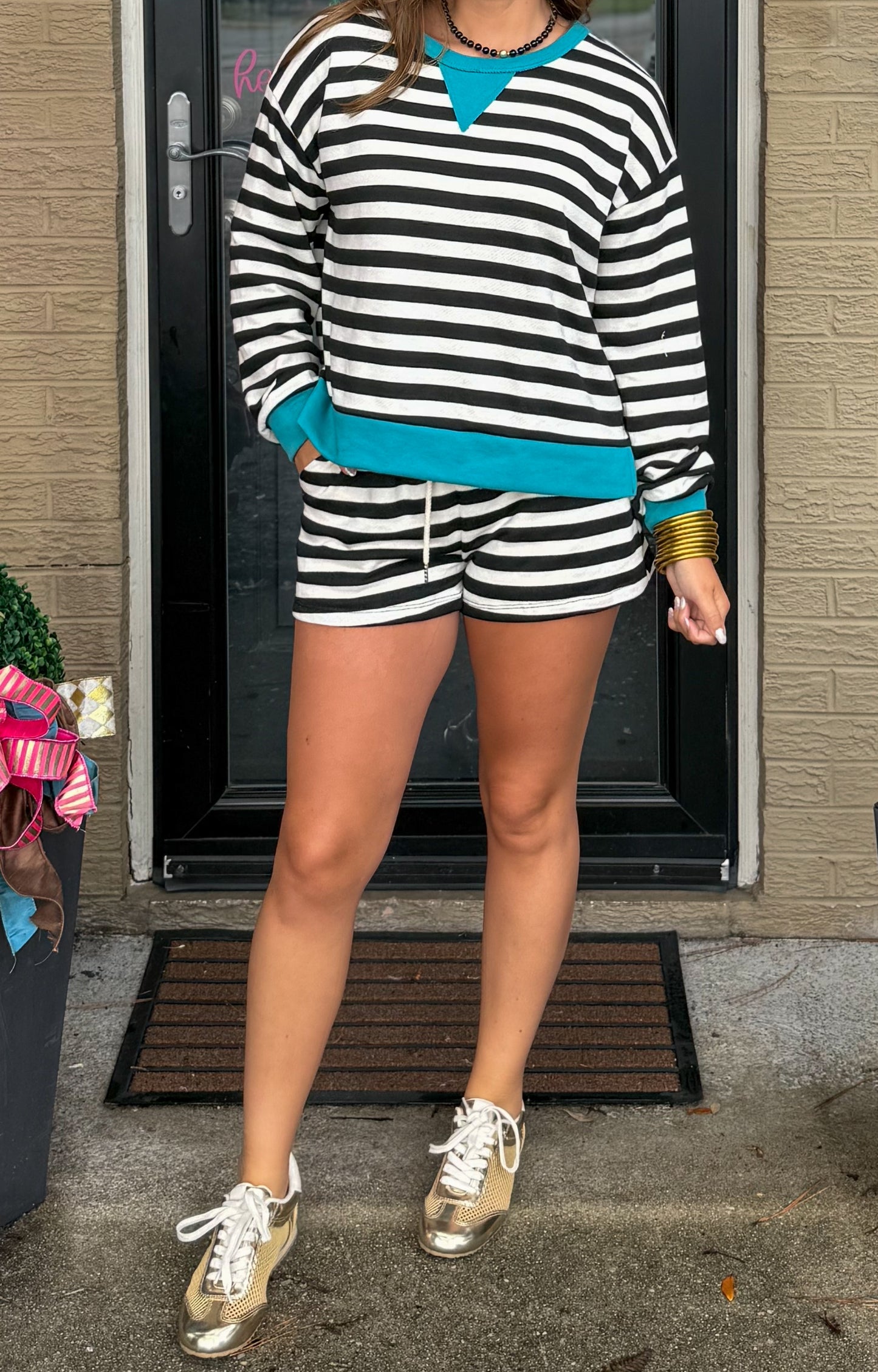 Henley Stripe Lounge Set, Black/Teal