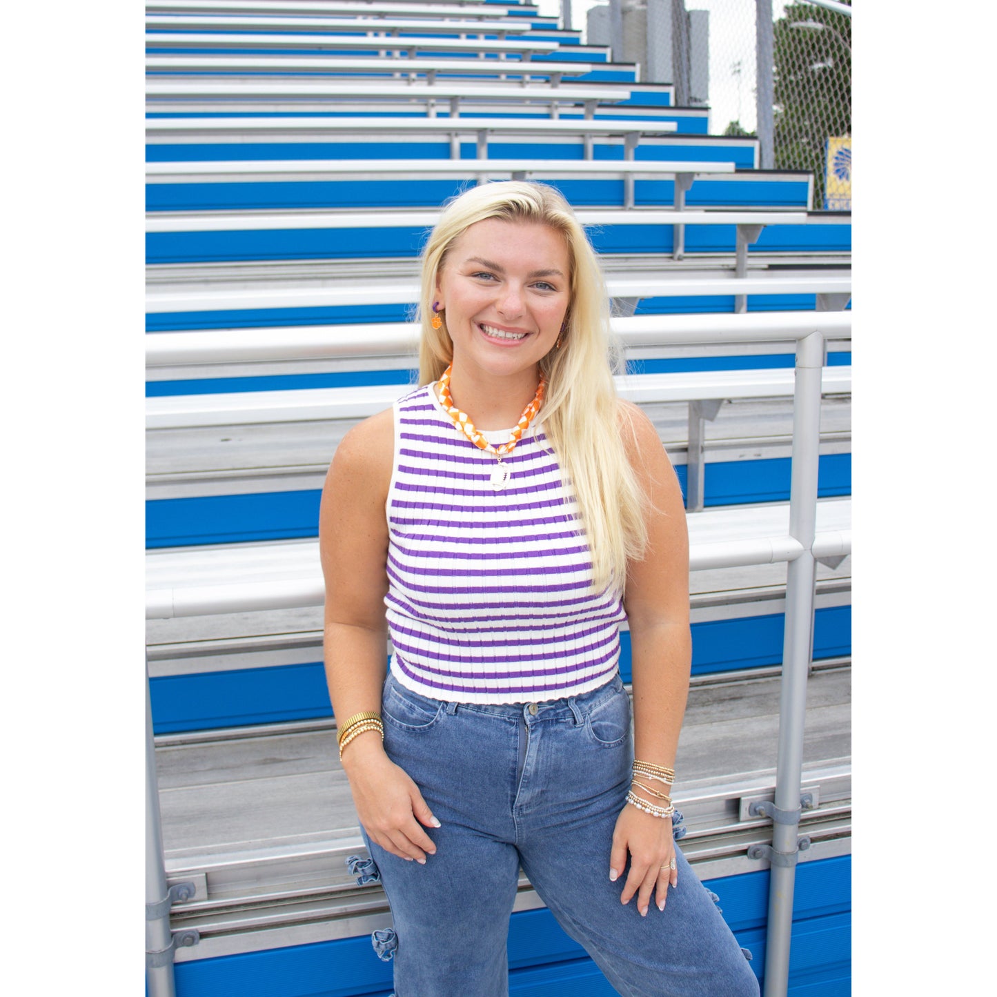 Collins Stripe Top, White/Purple