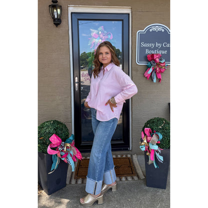 Stripe Button Down Top, Pink/White