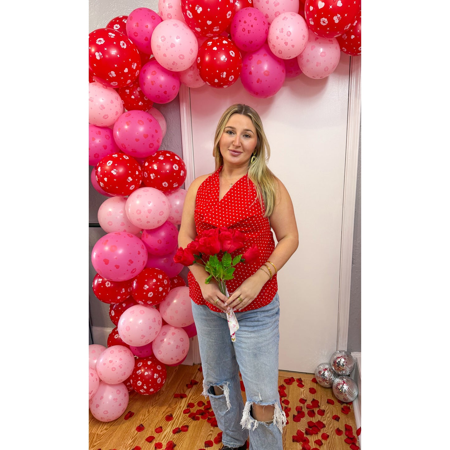 Polka Dot Detail Top, Cherry Red/White