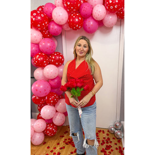 Polka Dot Detail Top, Cherry Red/White