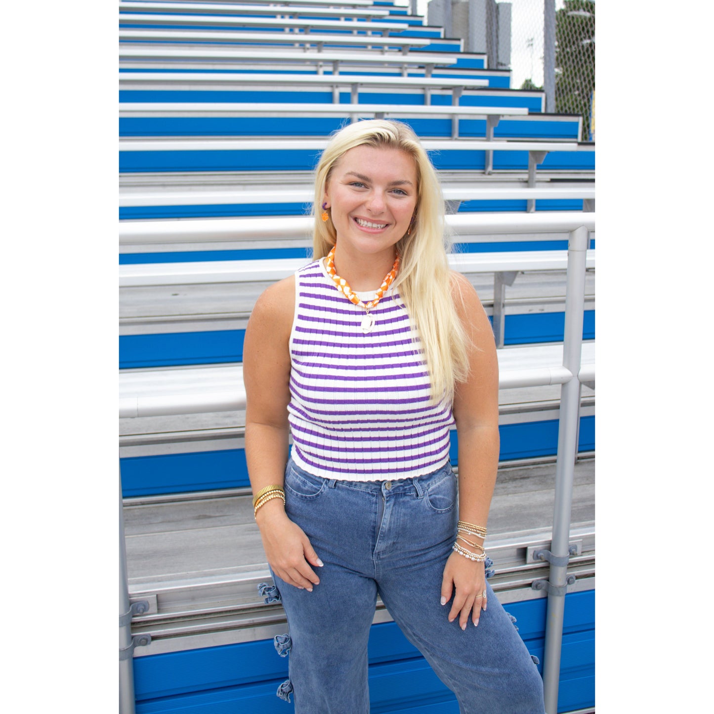 Collins Stripe Top, White/Purple