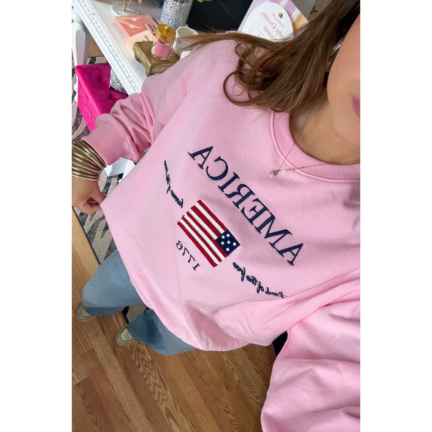 Land of the Free Sweatshirt, Baby Pink