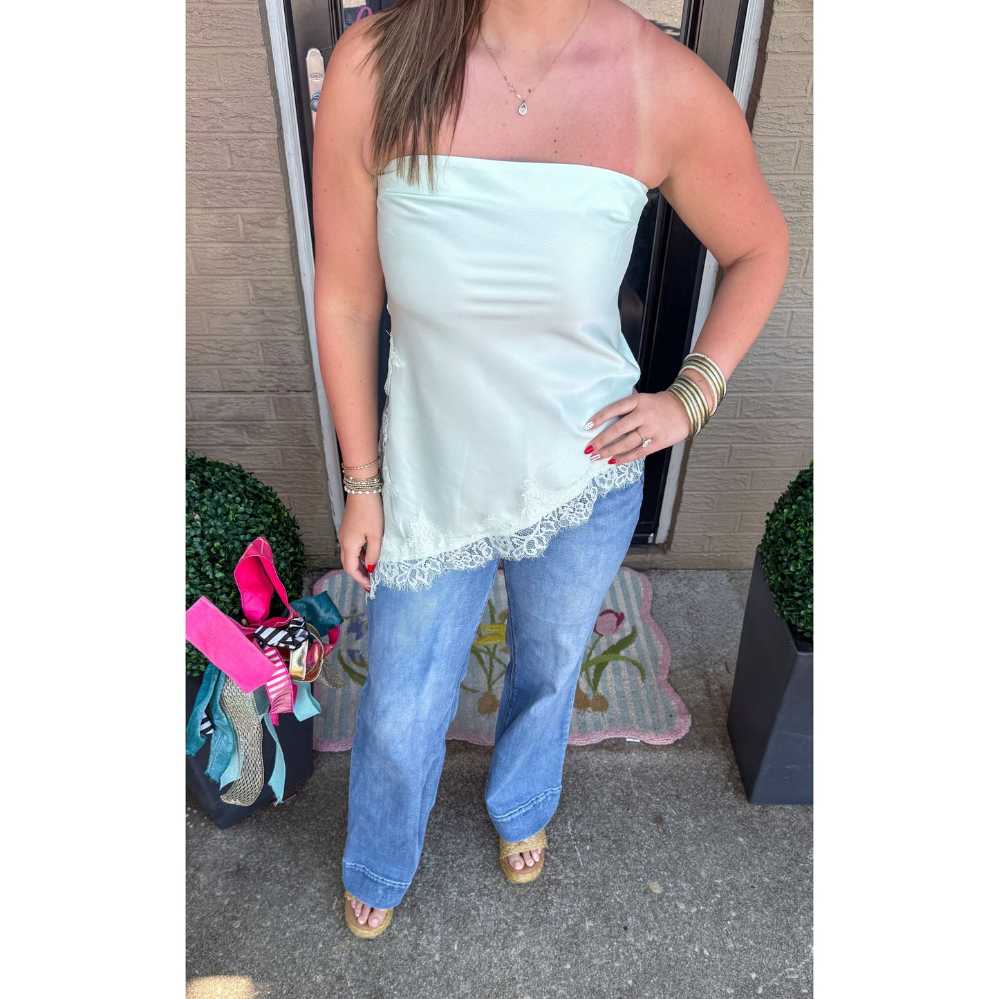 Detail Lace Asymmetrical Top, Mint