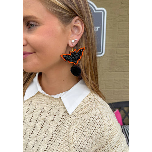 Black Bat Beaded Earrings w/ Pom Pom