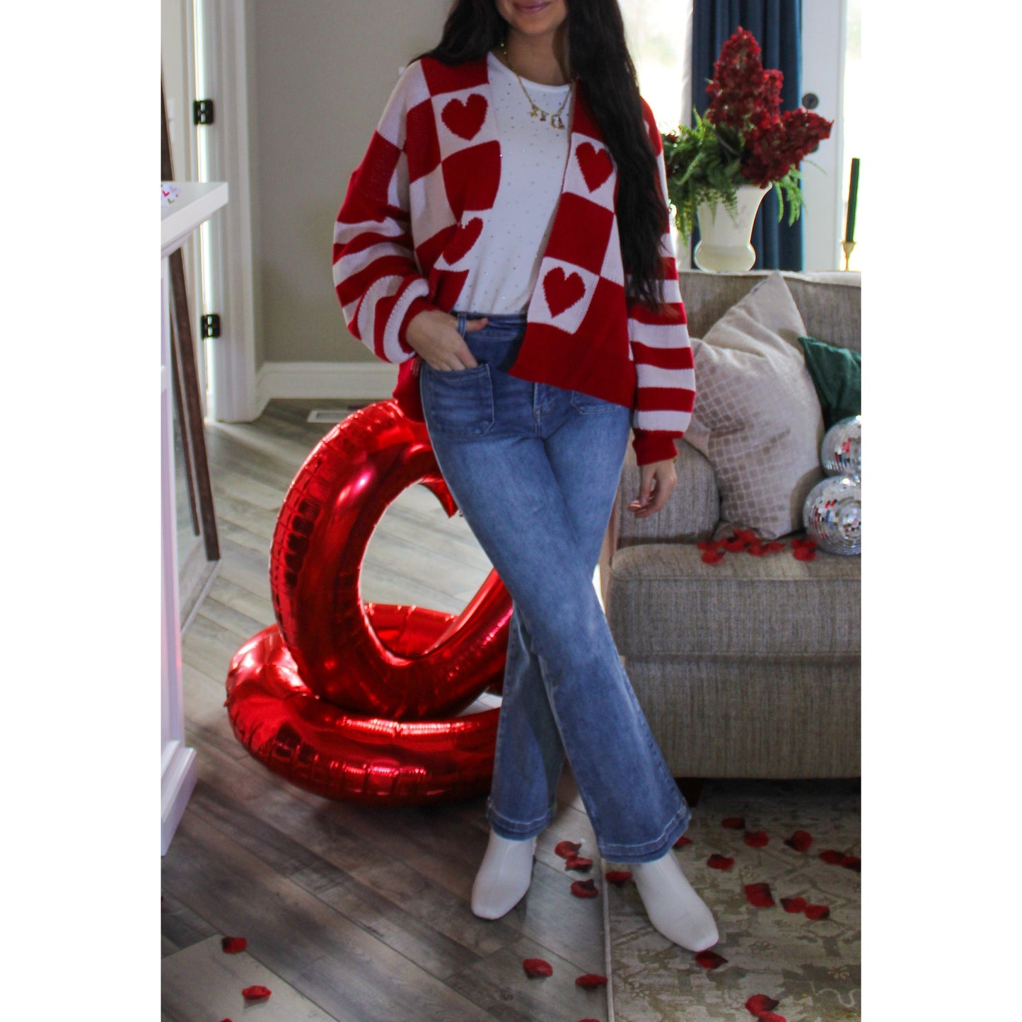 Queen of Hearts Cardigan, Red/White