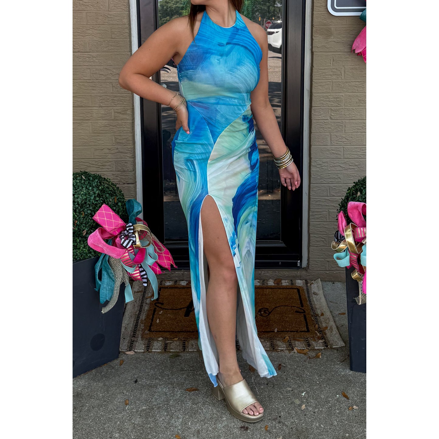 Watercolor Halter Detail Maxi Dress, Blue Multi