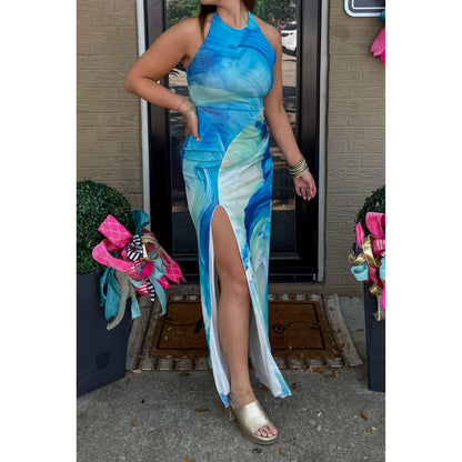 Watercolor Halter Detail Maxi Dress, Blue Multi