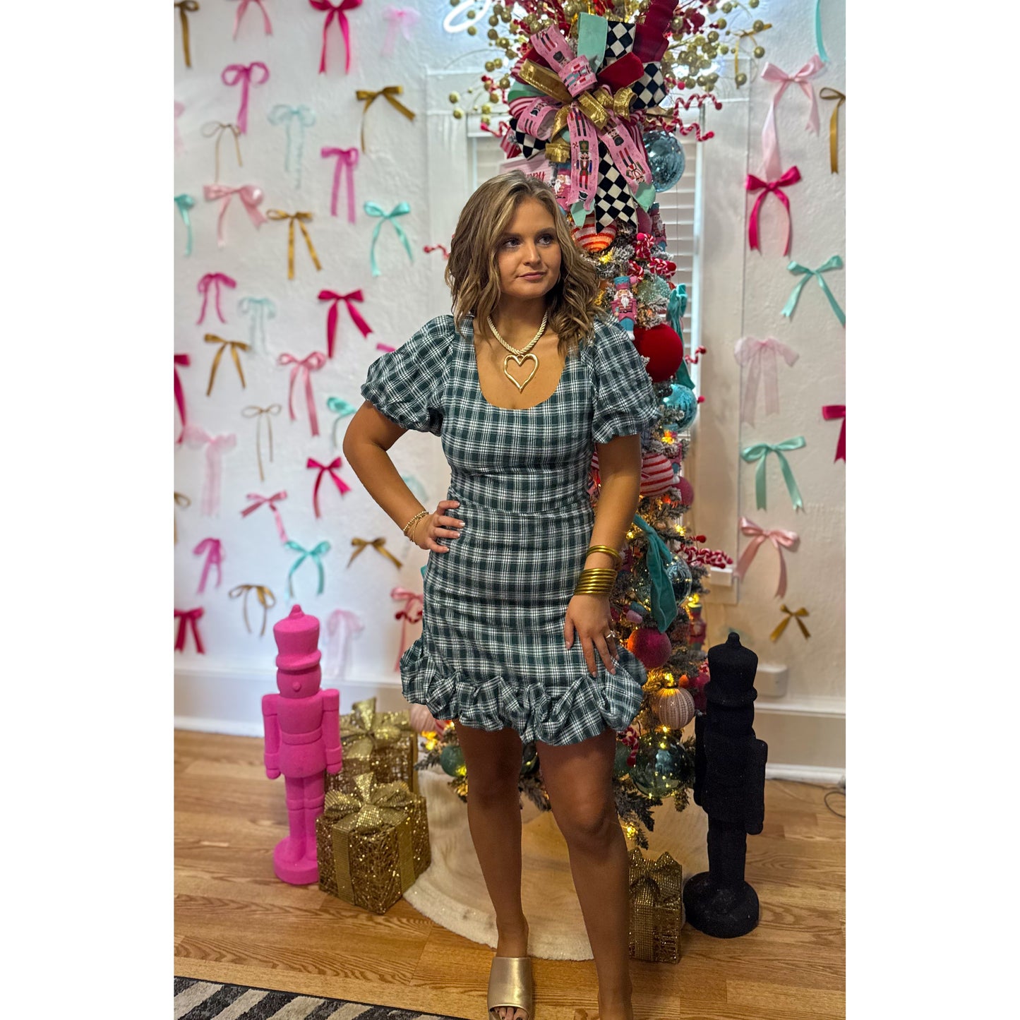 Green/White Plaid Mini Dress