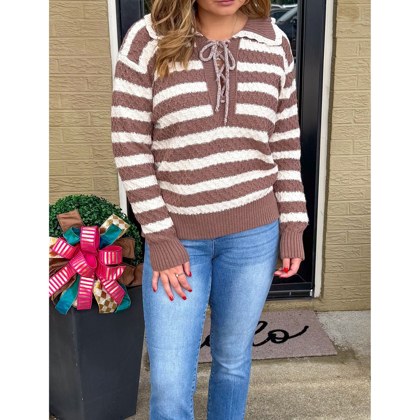 Dylan Stripe Sweater, Ivory/Mocha