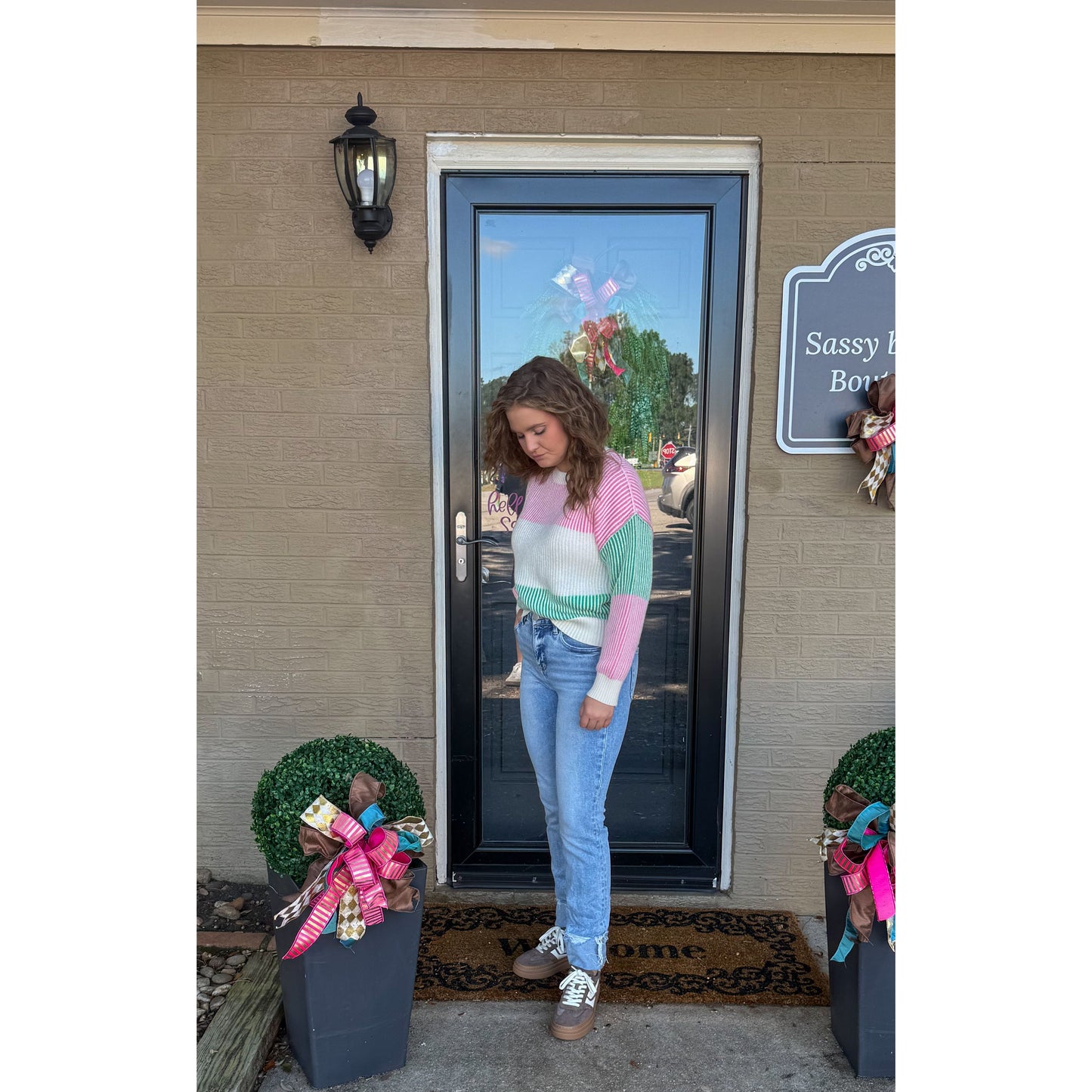 Aubrey Stripe Sweater, Pink/Green