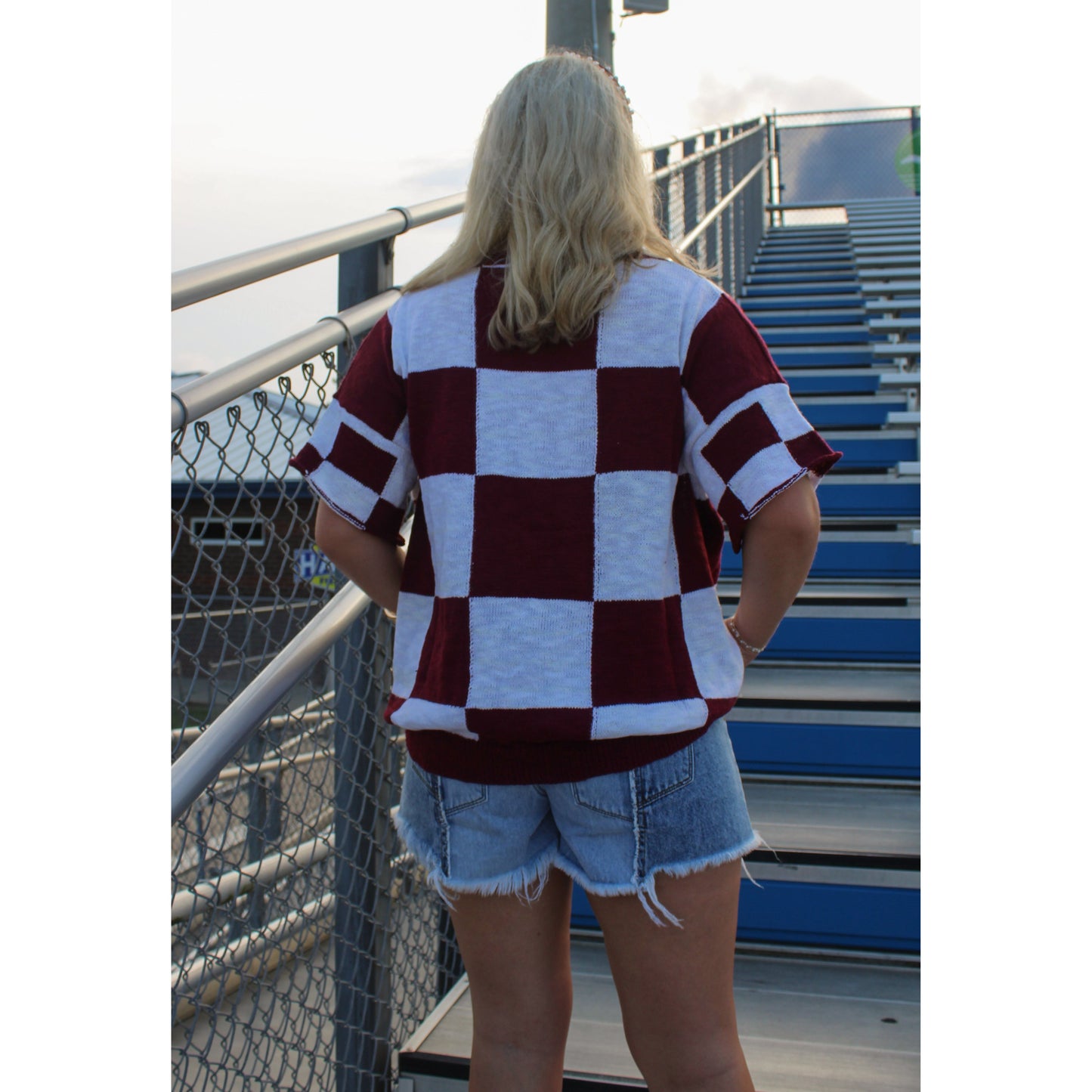 Goal Line Checkered Top, Garnet/White