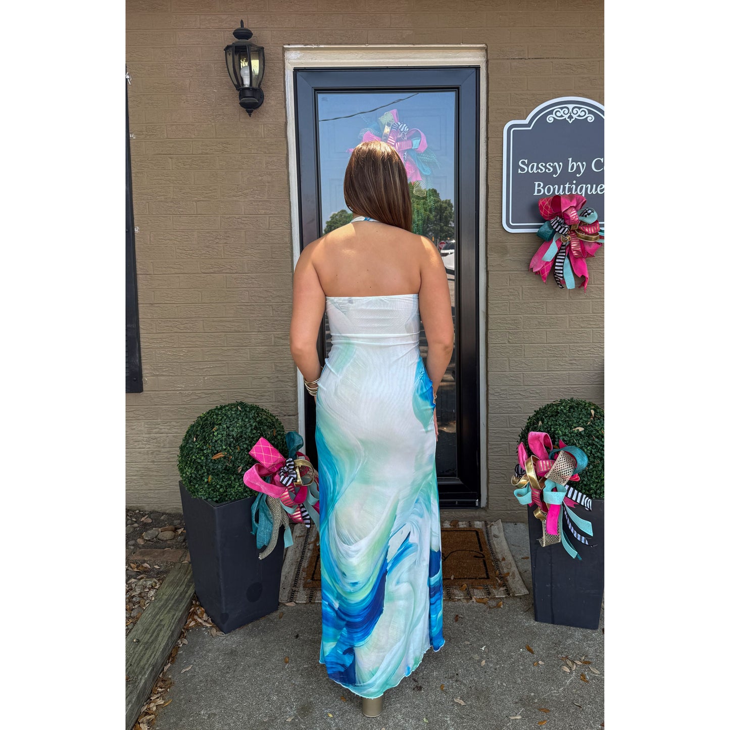 Watercolor Halter Detail Maxi Dress, Blue Multi