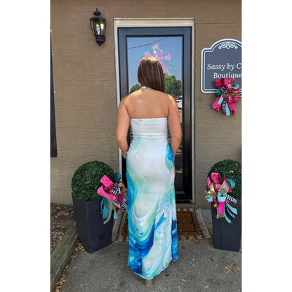 Watercolor Halter Detail Maxi Dress, Blue Multi