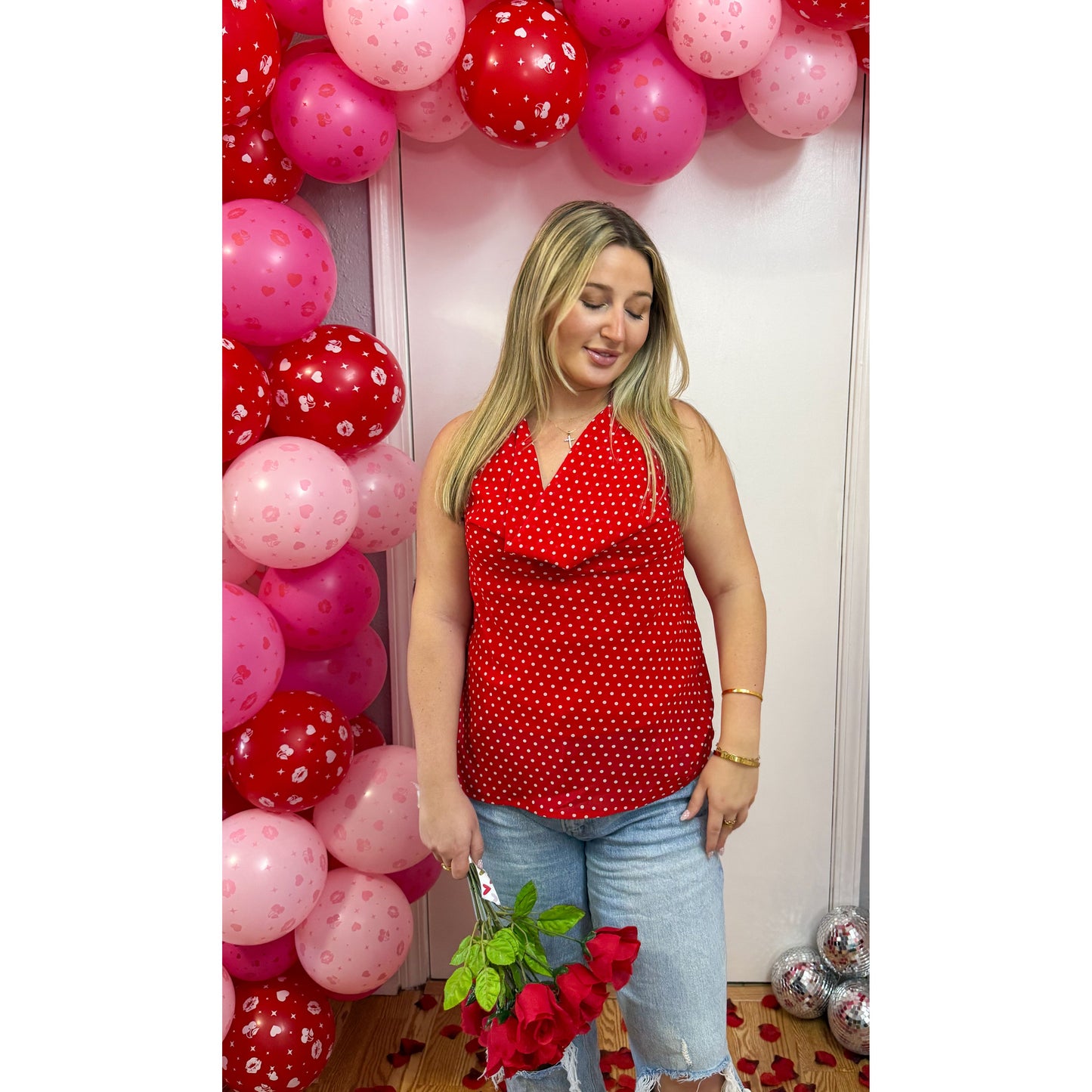 Polka Dot Detail Top, Cherry Red/White