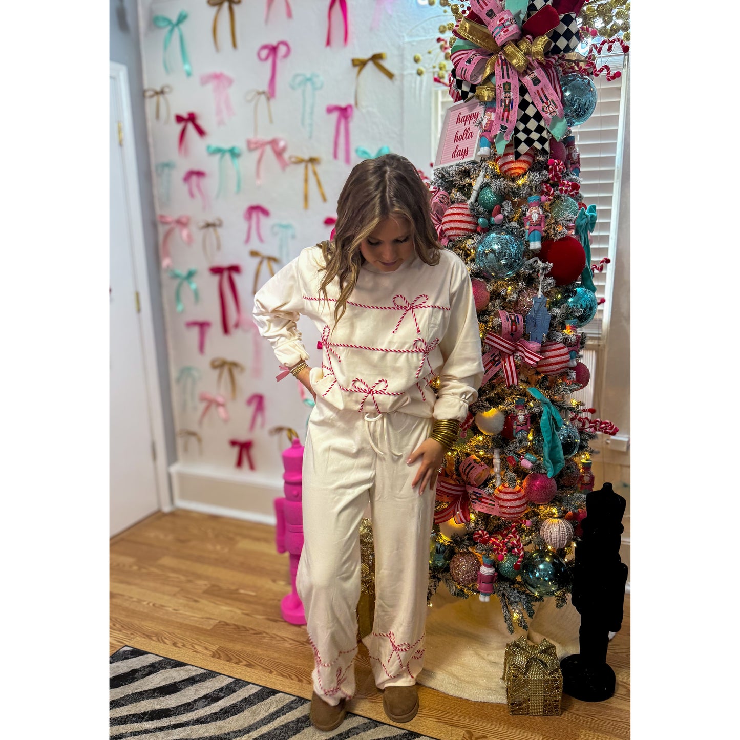 Candy Cane Detail Lounge Set, Red/Ivory