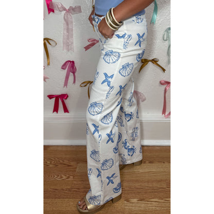 Nautical Pattern Denim Jeans, White/Blue