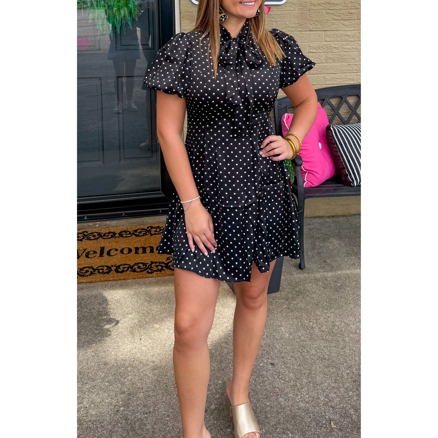 Polka Dot Mini Dress, Black/White