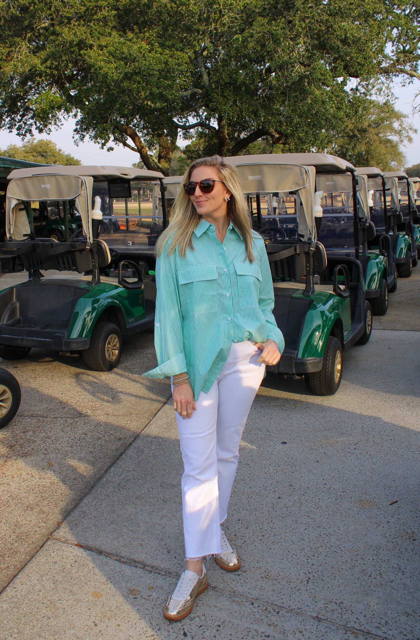 Match Play Stripe Button Down Top, Kelly Green/White