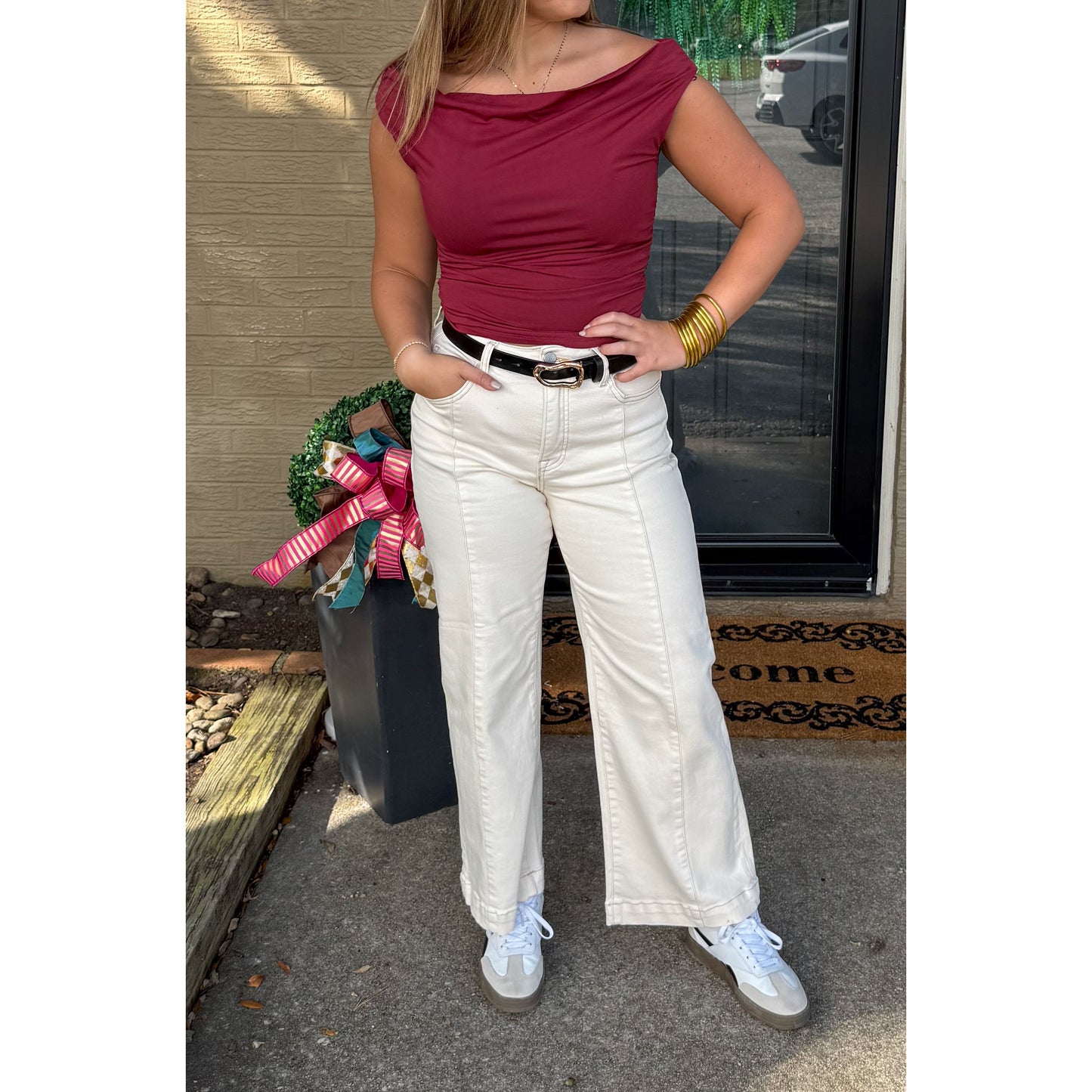 Asymmetrical Neckline Top, Burgundy