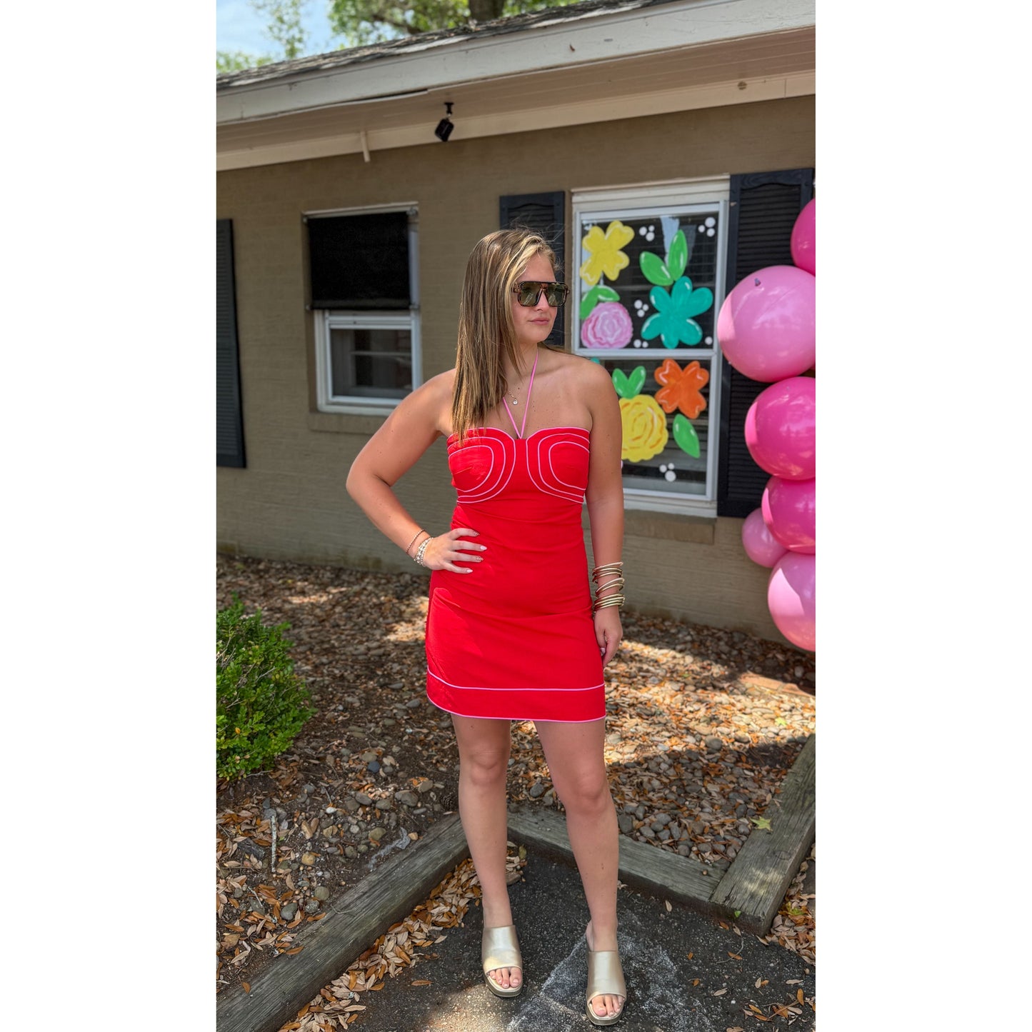 Josie Detail Mini Dress, Red/Pink