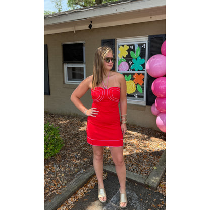 Josie Detail Mini Dress, Red/Pink