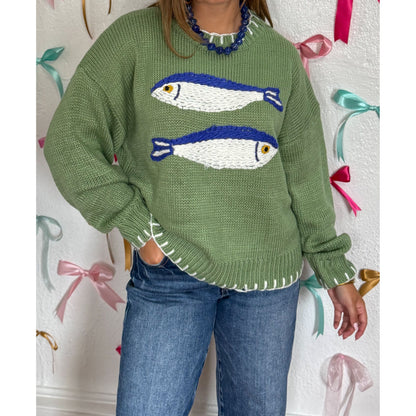 Fish Sweater, Green/Blue