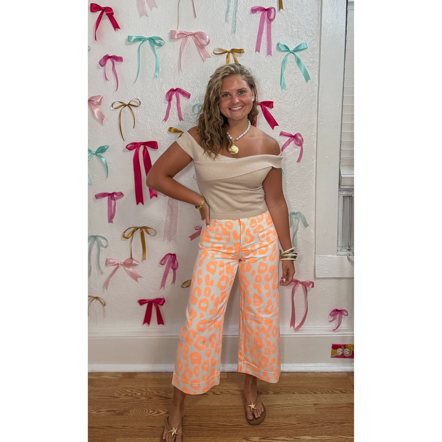 Neon Orange Leopard Wide Leg Pants