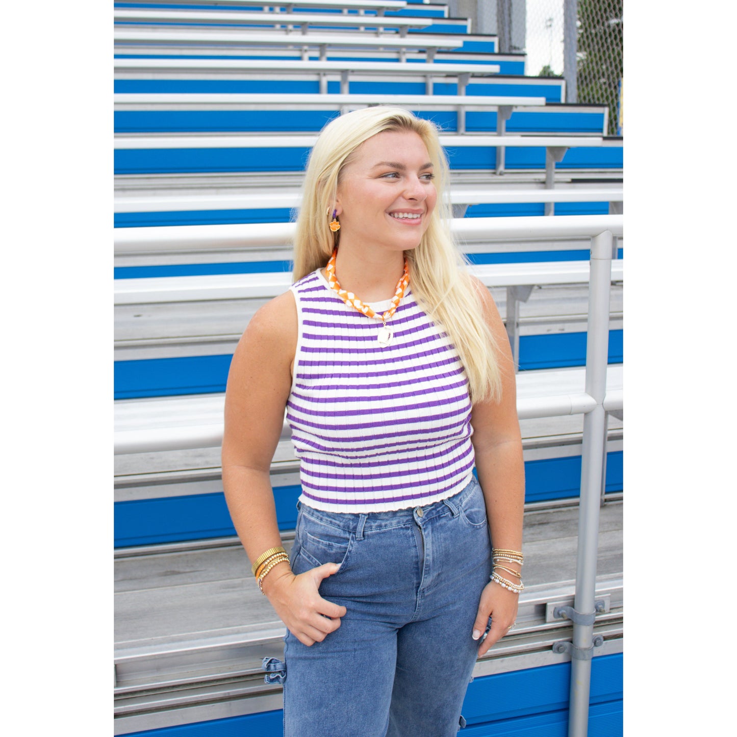 Collins Stripe Top, White/Purple