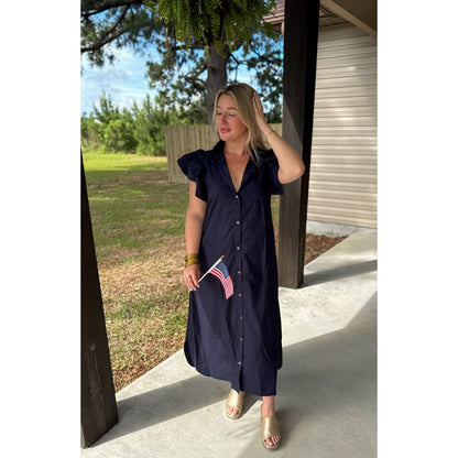 Navy Ruffle Collar Maxi Dress