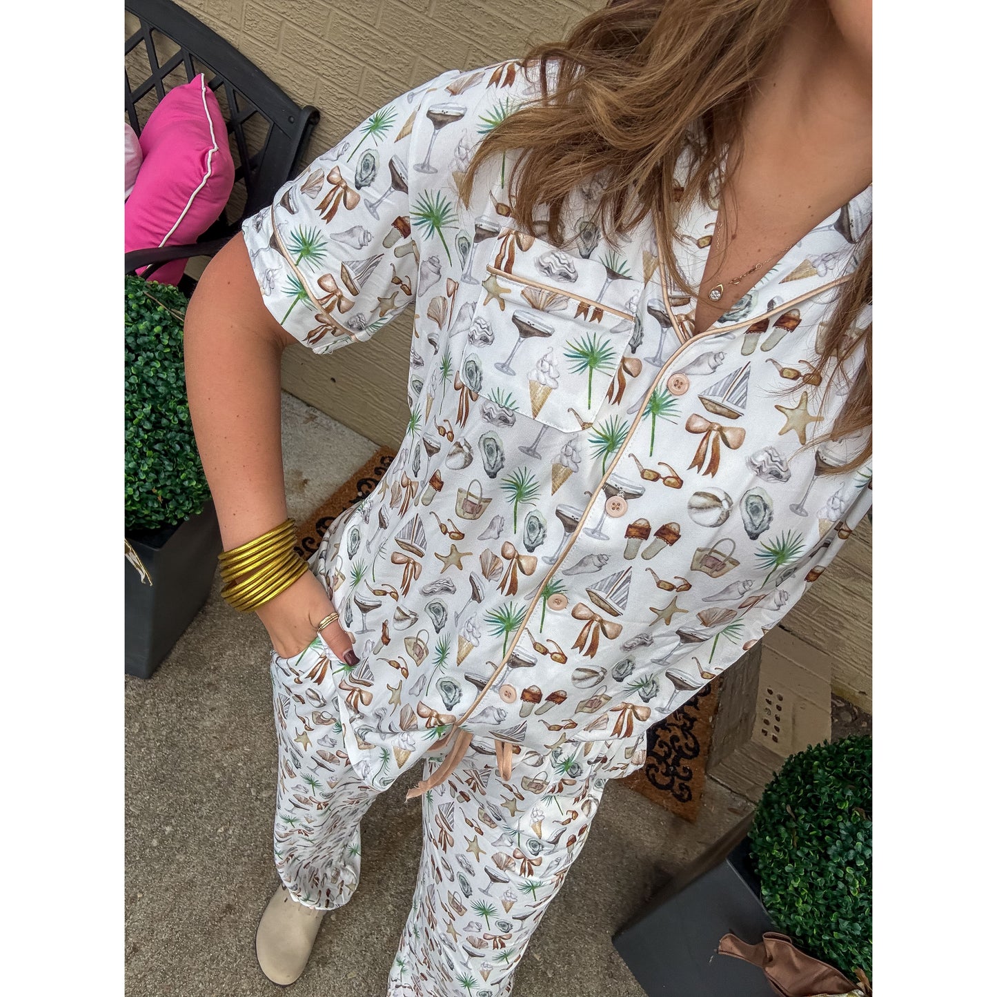 Neutral Coastal Cocktail - Short Sleeve + Pant Pajama Set