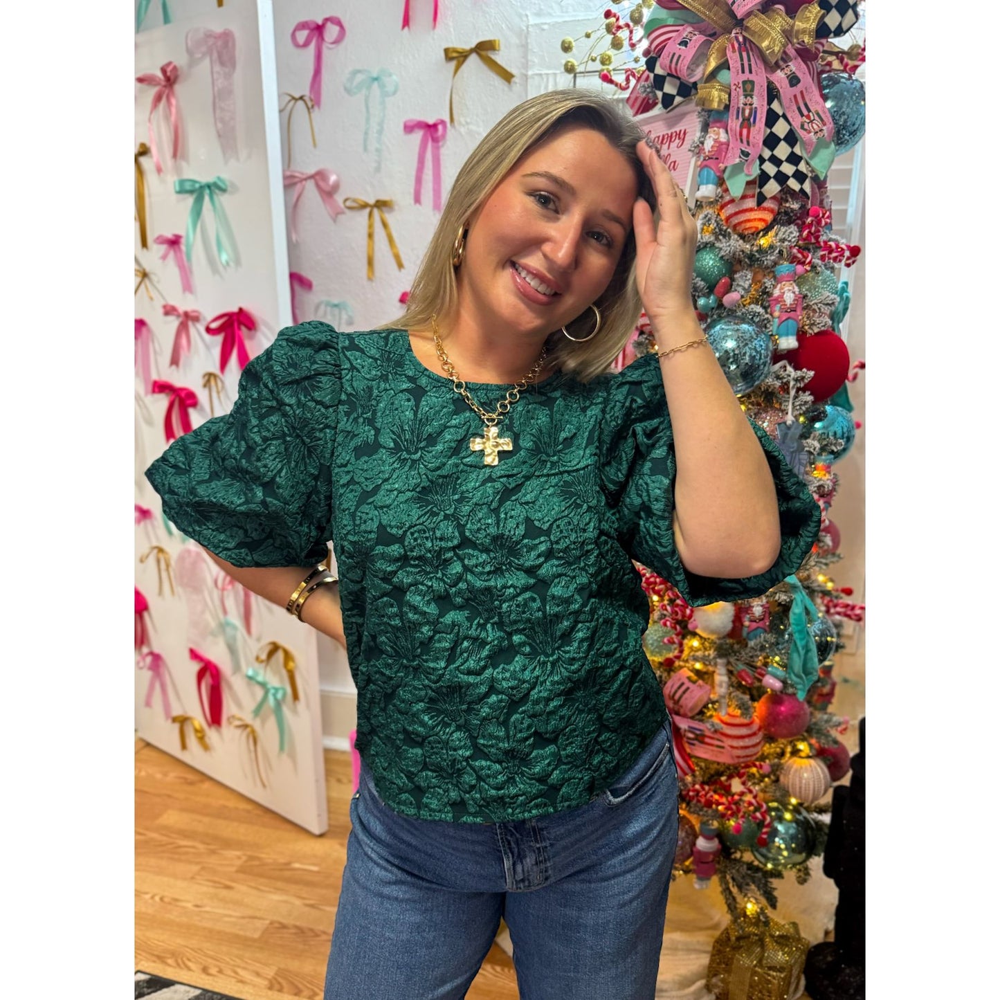 Hunter Green Floral Detail Blouse