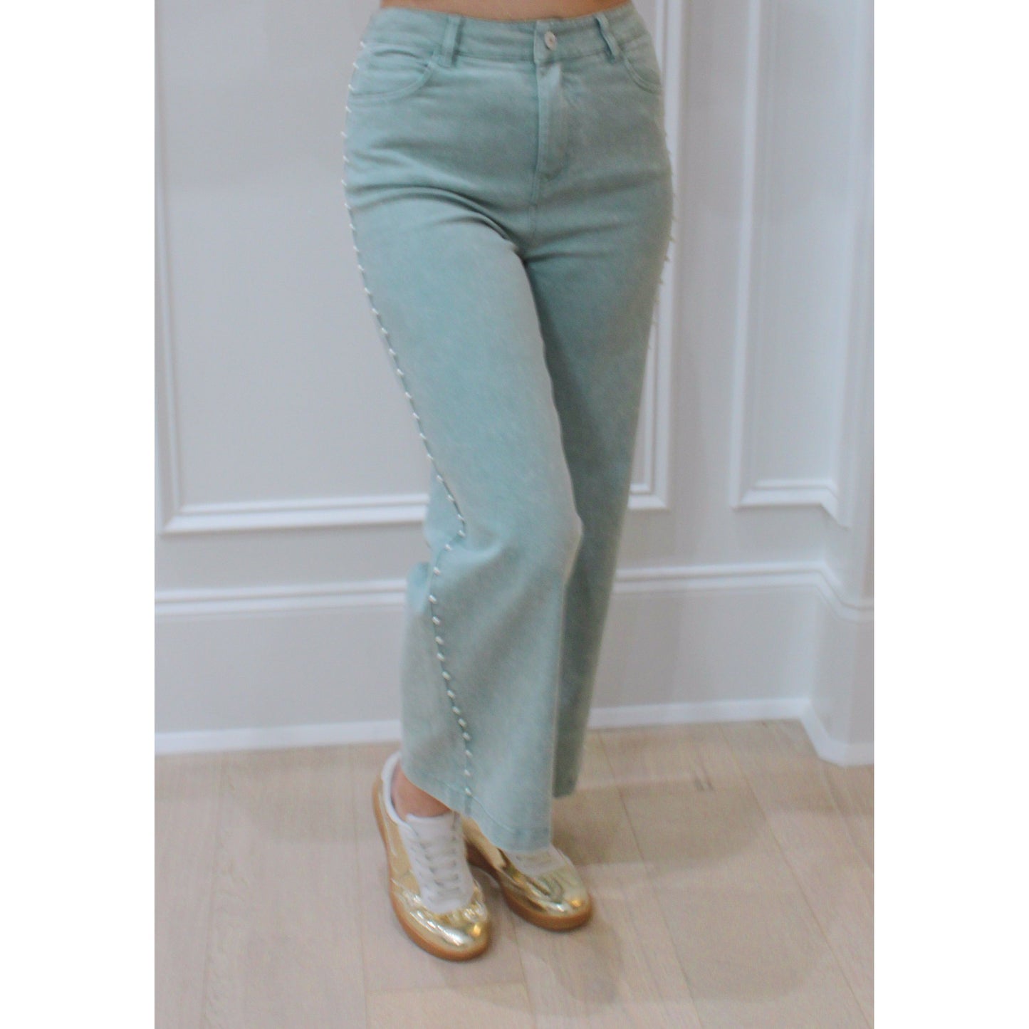 Sage Pearl Denim Pants, Sage Green