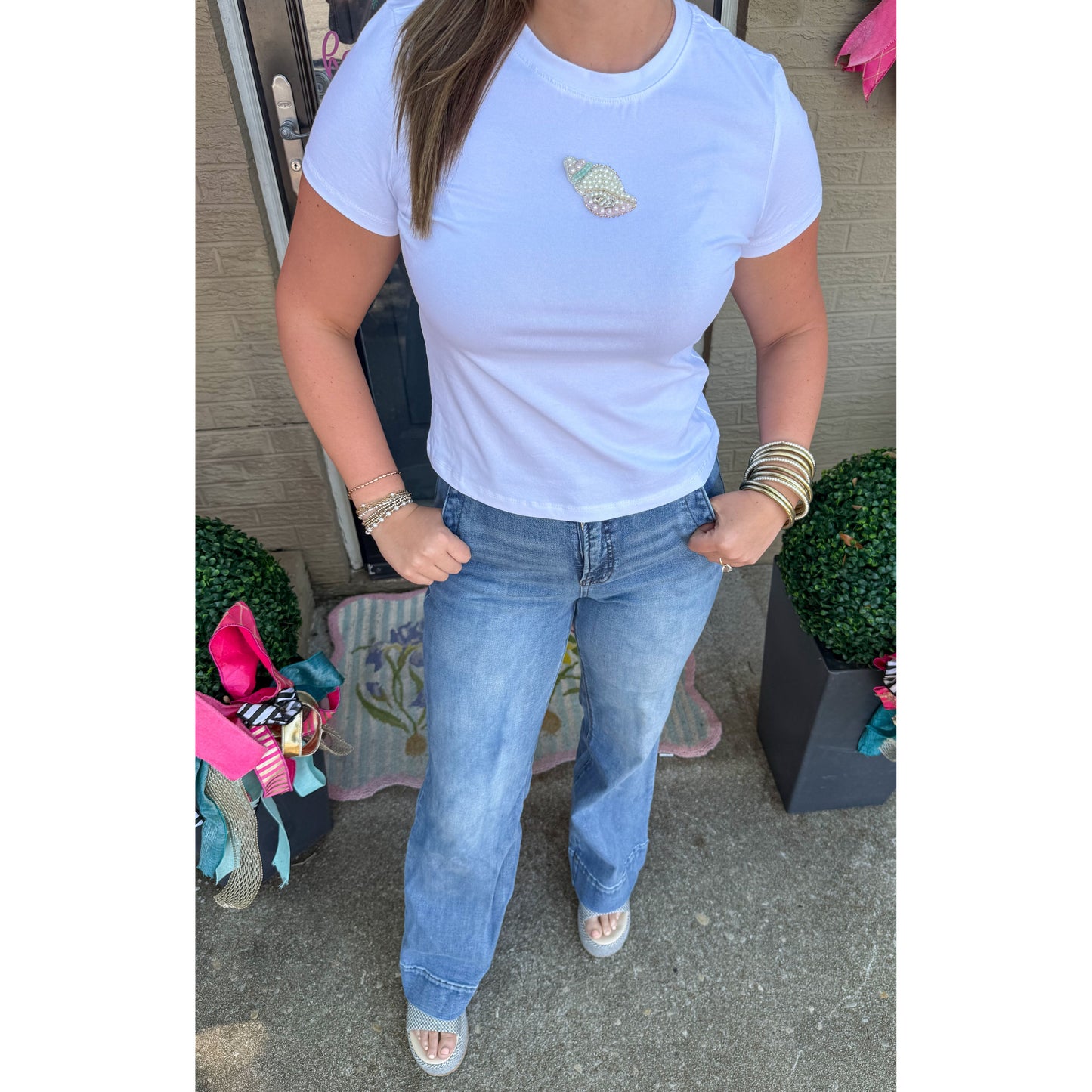 Shell Beaded Top, White Multi