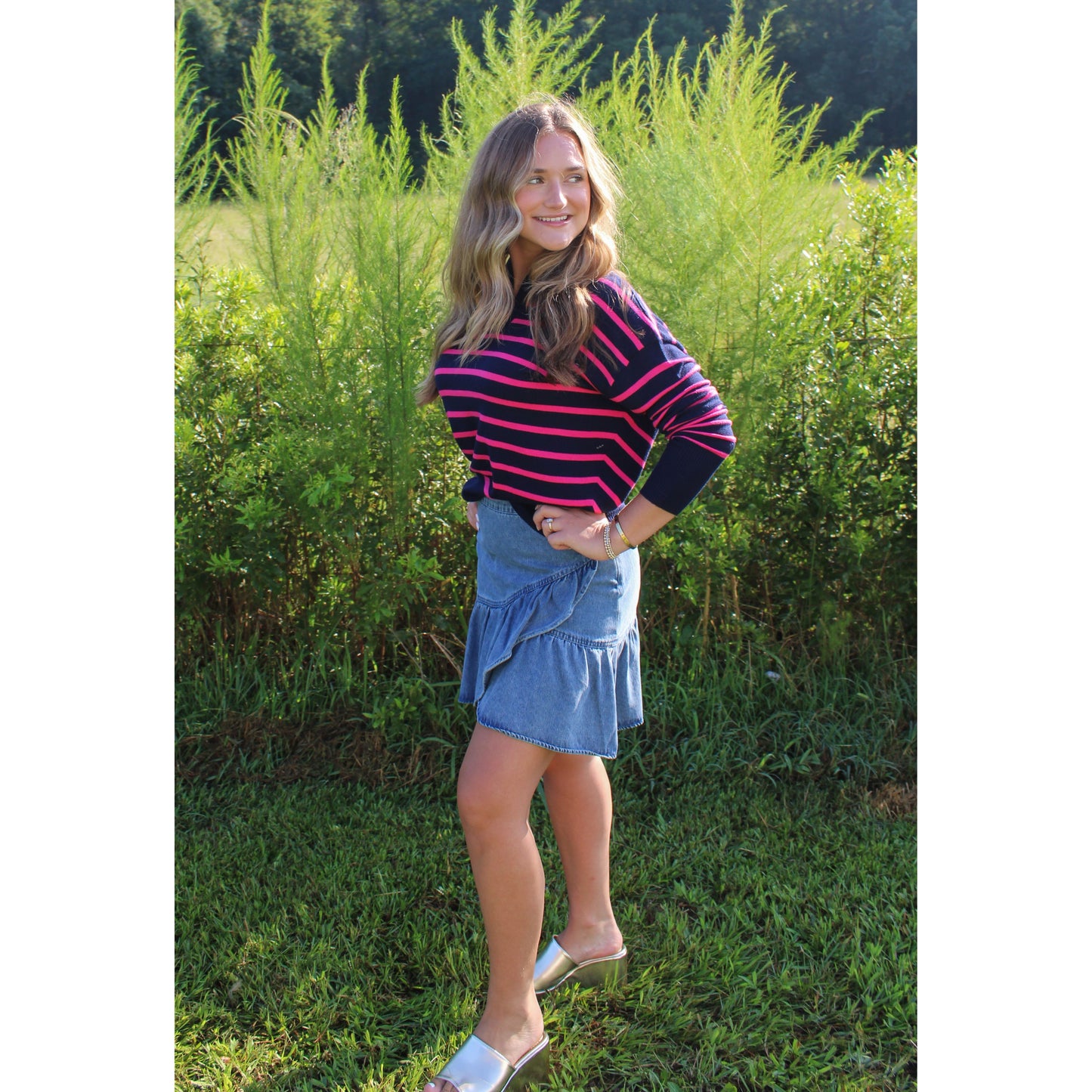 Khloe Stripe Top, Navy/Pink