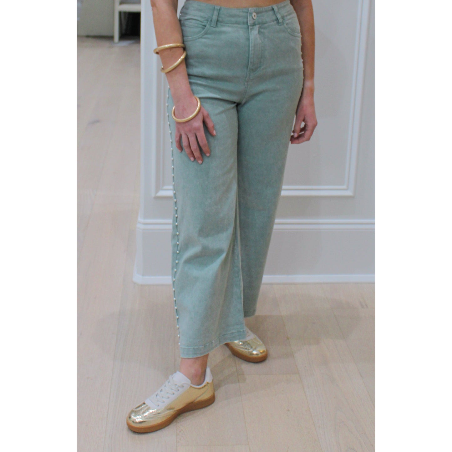 Sage Pearl Denim Pants, Sage Green