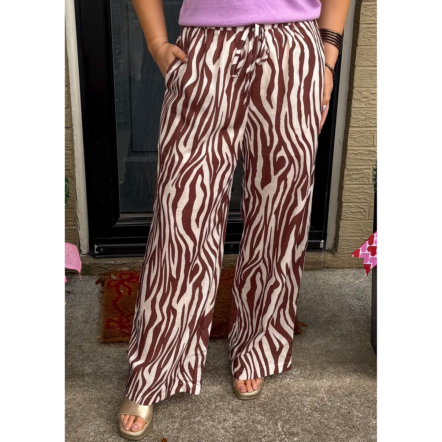 Zebra Print Pants, Brown/Cream