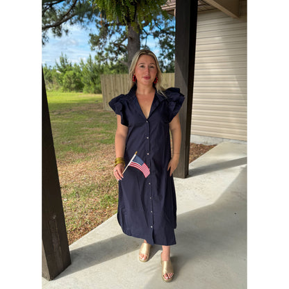 Navy Ruffle Collar Maxi Dress