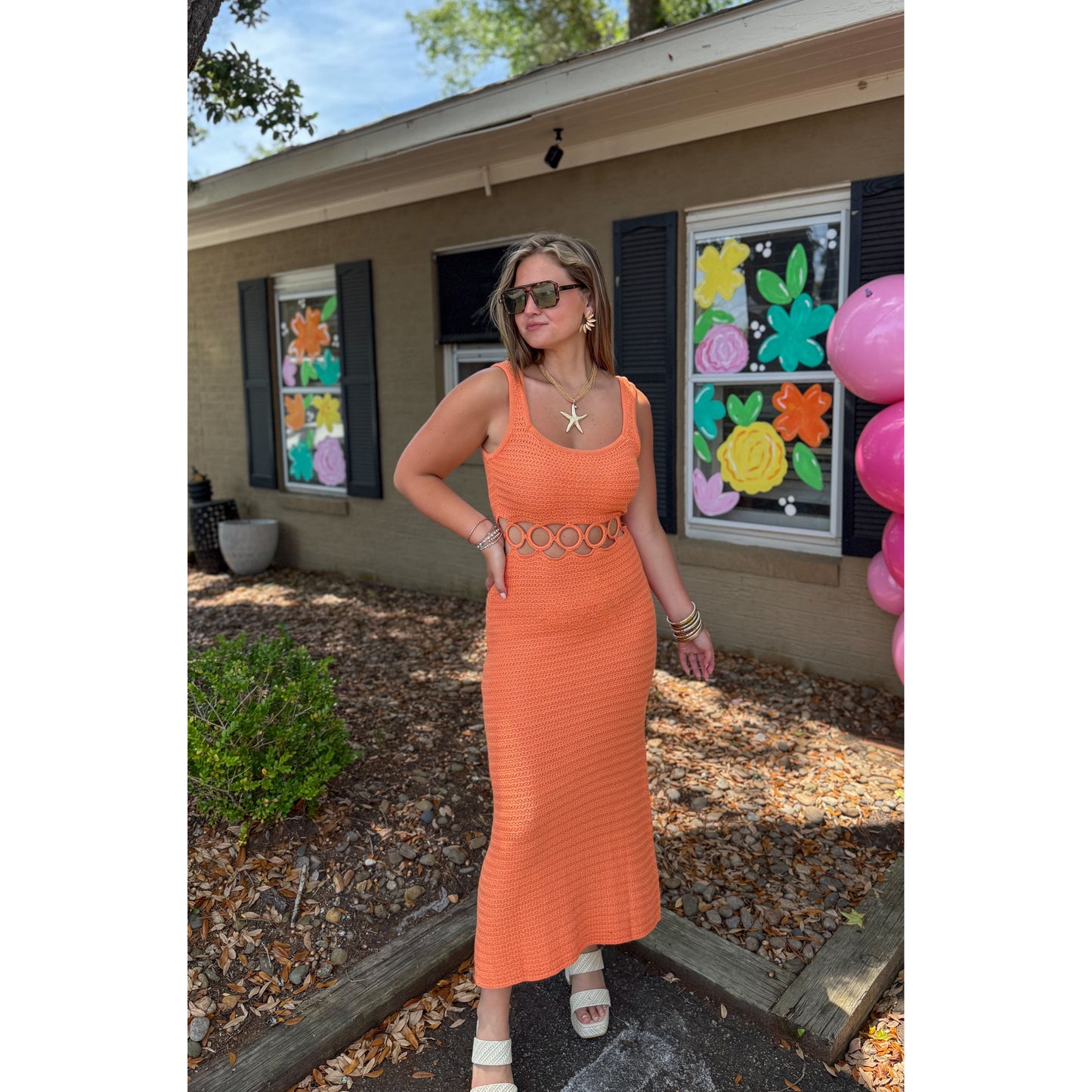 O-Ring Crochet Midi Dress, Orange