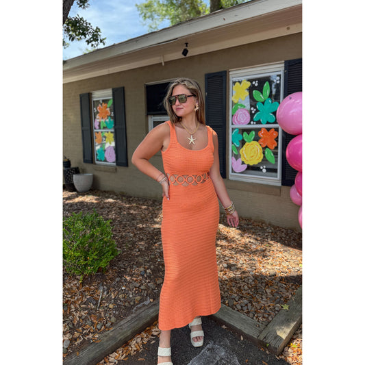O-Ring Crochet Midi Dress, Orange