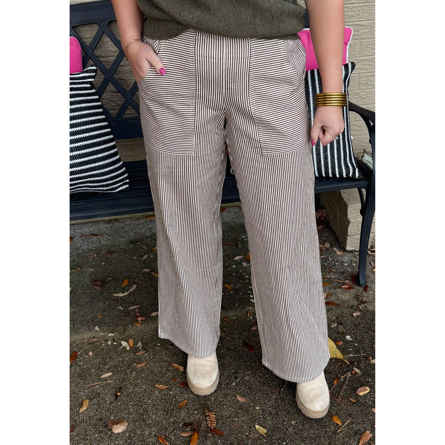 Ariana Stripe Pants, Cream/Taupe